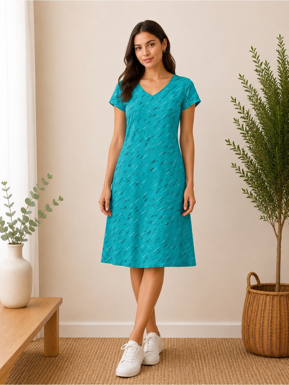 APT. 9 Teal Printed V-Neck Shift Dress | Women’s Large